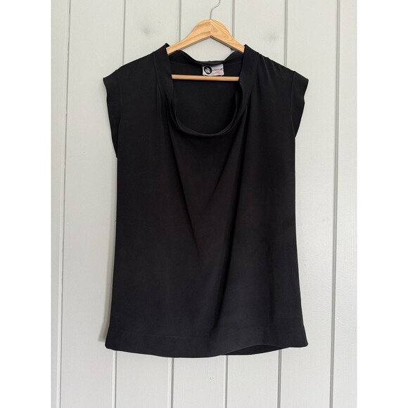 Vtg Lanvin Top M Medium Black Short Sleeves Scoop Neck Slinky Chiffon - Picture 1 of 4